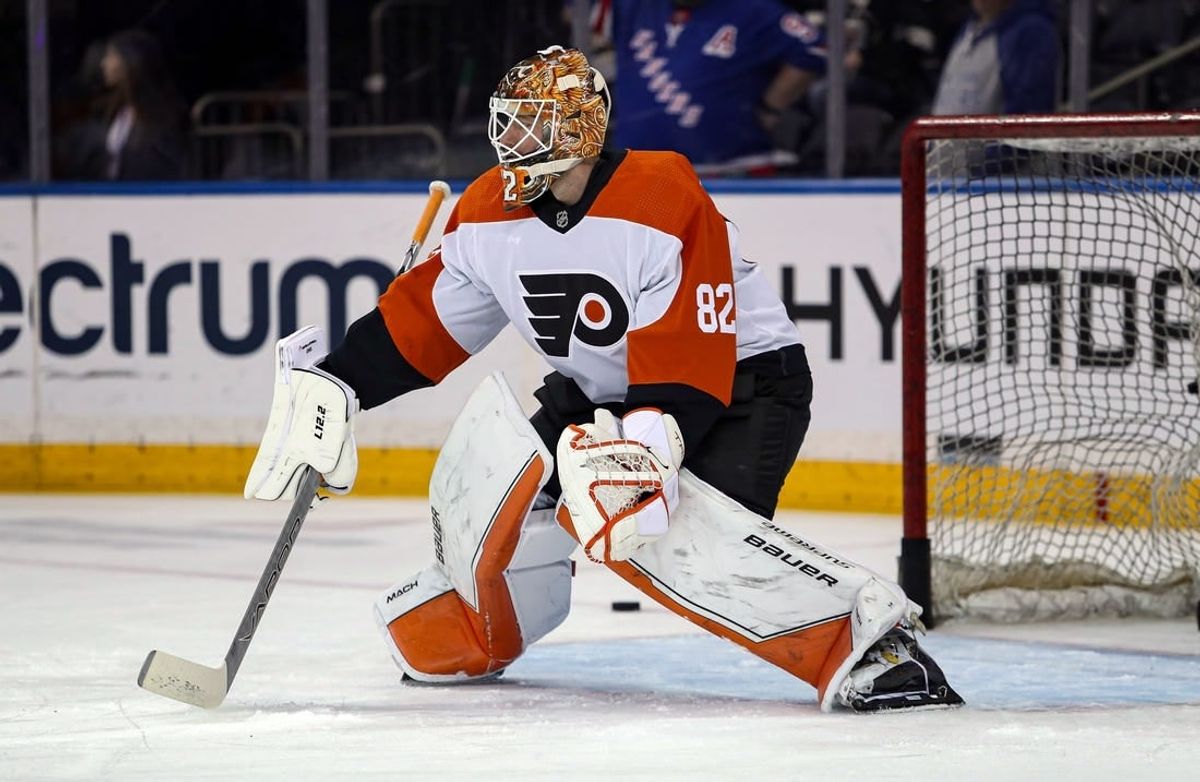 Apr 11, 2024; New York, New York, USA; Philadelphia Flyers goalie Ivan Fedotov (82) warms up before the first period against the New York Rangers at Madison Square Garden.