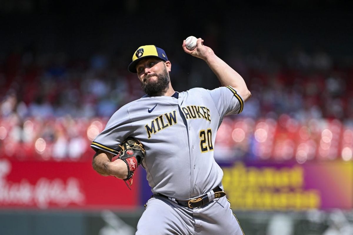 Sep 21, 2023; St. Louis, Missouri, USA;  Milwaukee Brewers starting pitcher Wade Miley (20) pitches against the St. Louis Cardinals during the fourth inning at Busch Stadium.