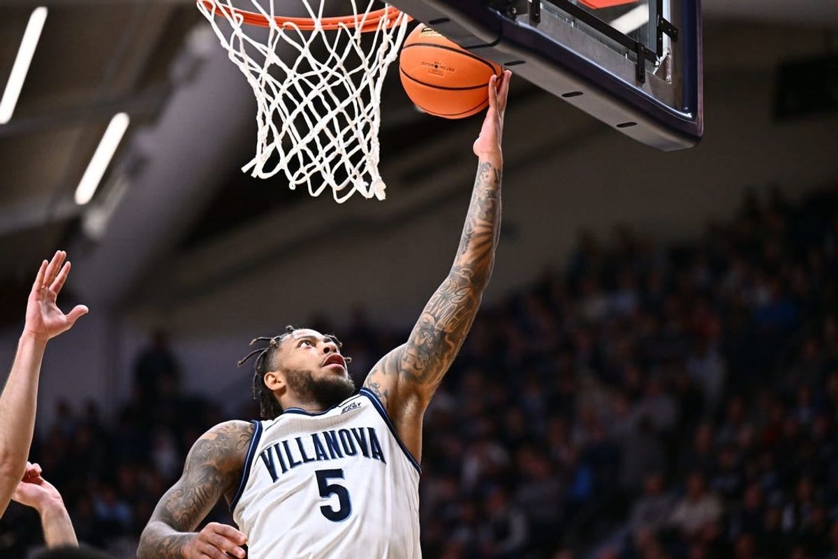 Nov 10, 2023; Villanova, Pennsylvania, USA; Villanova Wildcats guard Justin Moore (5) shoots against the Le Moyne Dolphins in the first half at William B. Finneran Pavilion.