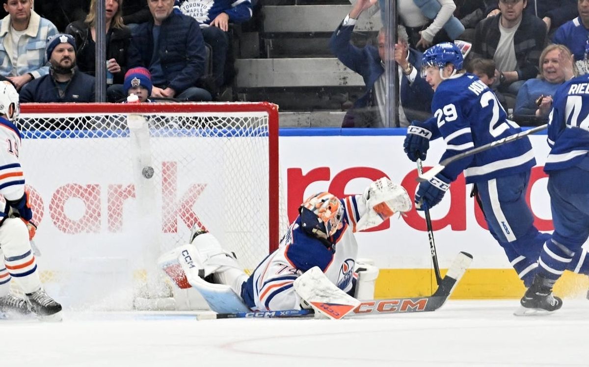 Mar 23, 2024; Toronto, Ontario, CAN; Toronto Maple Leafs forward Pontus Holmberg (29) scores a goal past Edmonton Oilers goalie Stuart Skinner (74) in the second period at Scotiabank Arena.