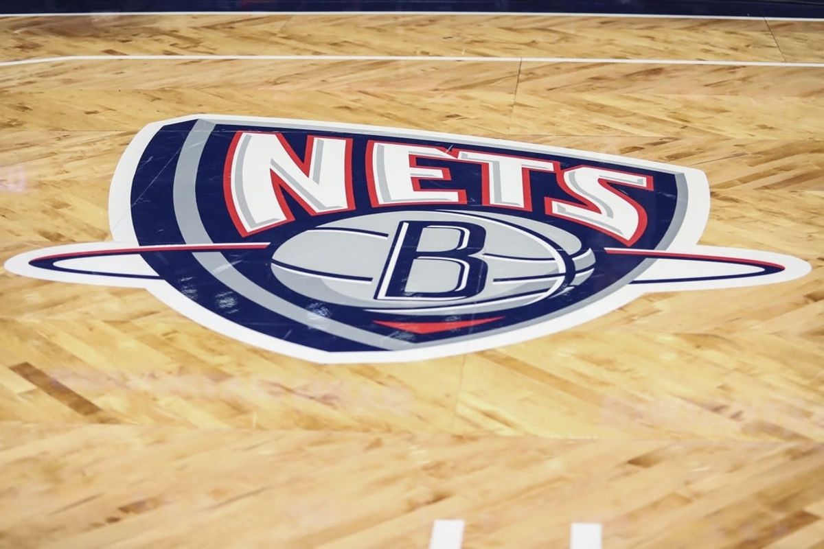 Nov 17, 2021; Brooklyn, New York, USA; The old Nets logo on the court prior to the game between the Cleveland Cavilers and the Brooklyn Nets at Barclays Center.
