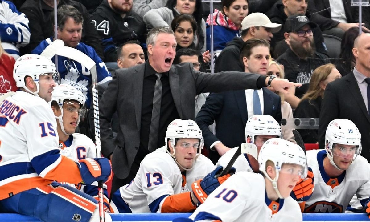 Feb 5, 2024; Toronto, Ontario, CAN;   New York Islanders head coach Patrick Roy gestures as he speaks to his players in the second period against the Toronto Maple Leafs at Scotiabank Arena.