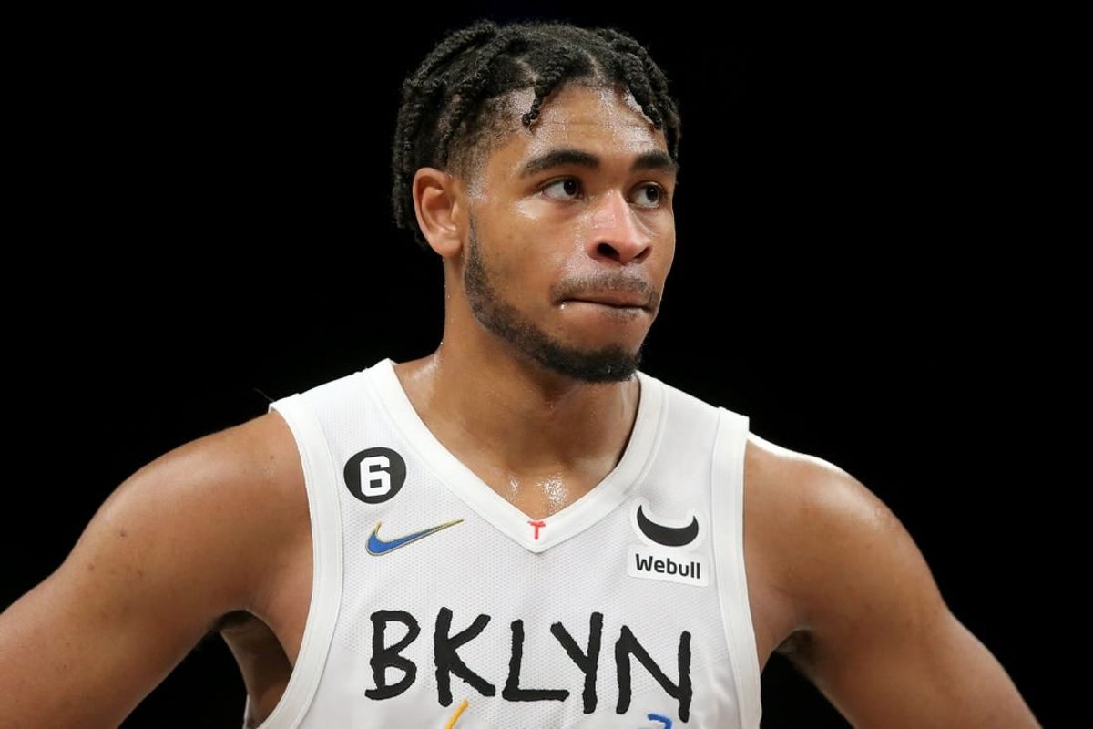 Feb 4, 2023; Brooklyn, New York, USA; Brooklyn Nets guard Cam Thomas (24) reacts during the fourth quarter against the Washington Wizards at Barclays Center.