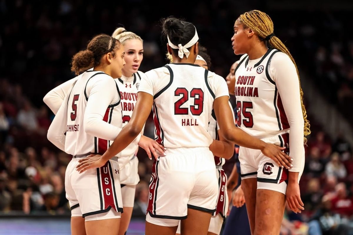 Dec 6, 2023; Columbia, South Carolina, USA; South Carolina Gamecocks players huddle against the Morgan State Lady Bears in the first half at Colonial Life Arena.