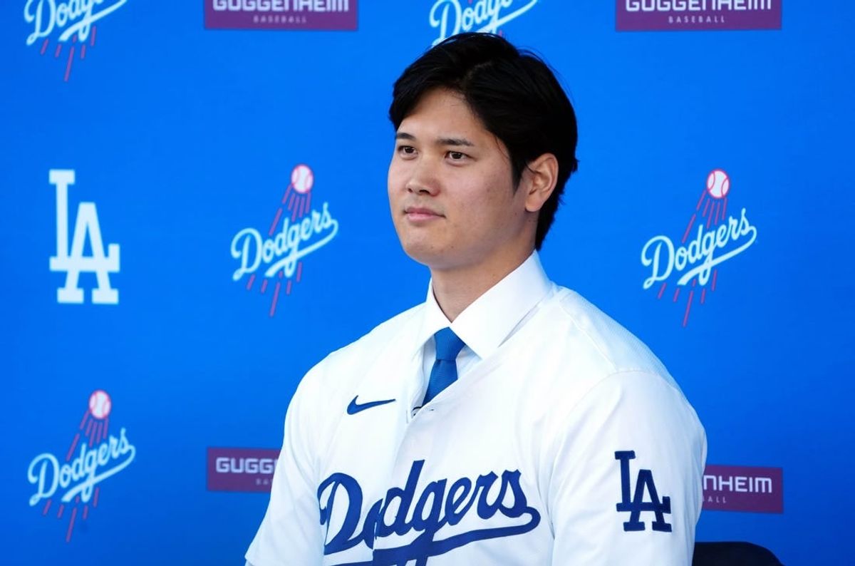 Dec 14, 2023; Los Angeles, CA, USA;  Los Angeles Dodgers player Shohei Ohtani is introduced at a press conference at Dodger Stadium.
