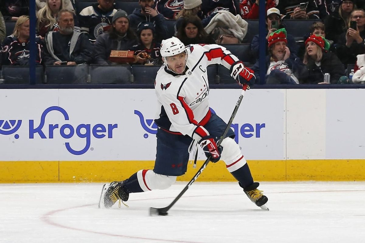 Dec 21, 2023; Columbus, Ohio, USA; Washington Capitals left wing Alex Ovechkin (8) shoots against the Columbus Blue Jackets during the second period at Nationwide Arena.