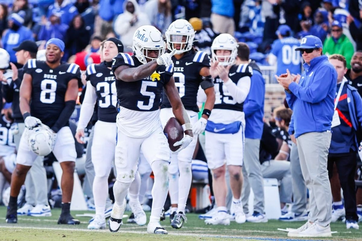Nov 25, 2023; Durham, North Carolina, USA; Duke Blue Devils wide receiver Jalon Calhoun (5) celebrates a play  during the second half of the game against Pittsburgh Panthers at Wallace Wade Stadium.