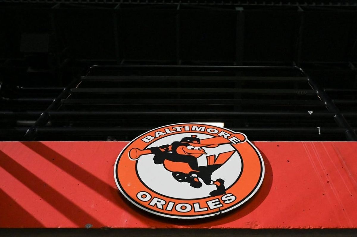 Sep 30, 2023; Baltimore, Maryland, USA; A detailed view of a Baltimore Orioles logo in the stands during the game against the Boston Red Sox  at Oriole Park at Camden Yards.