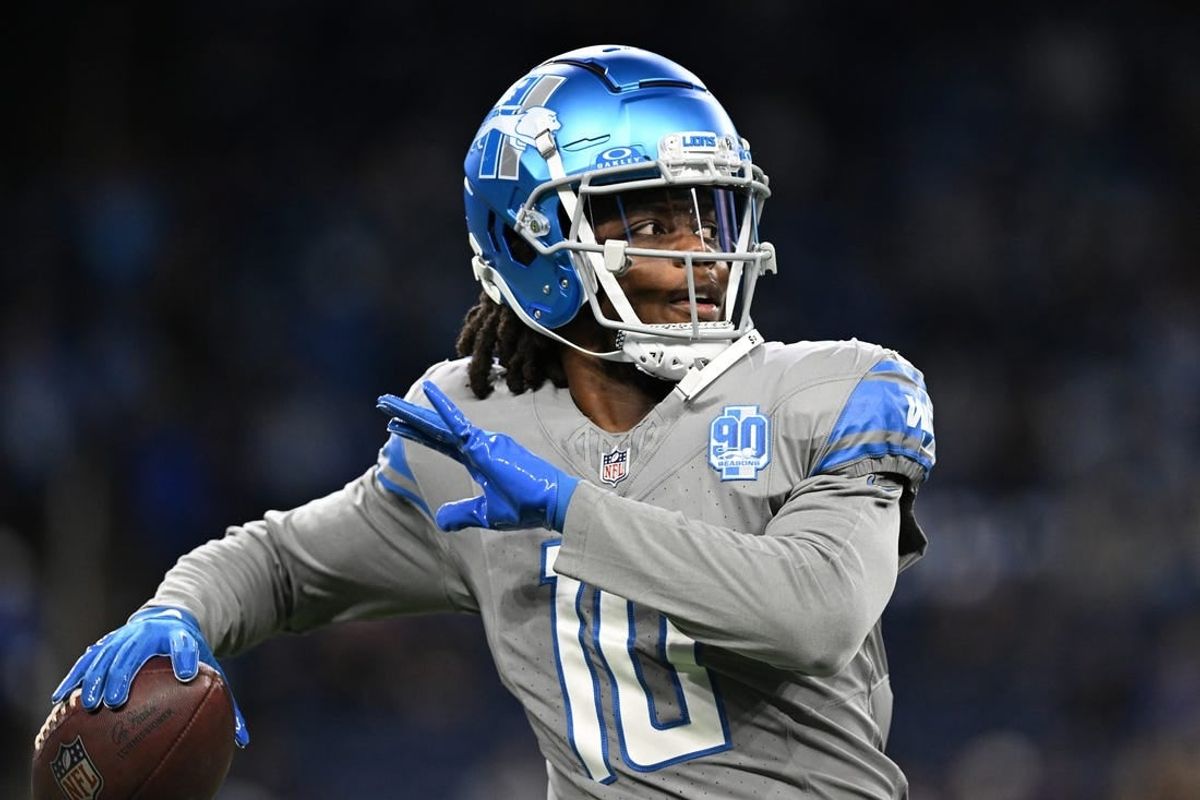 Oct 30, 2023; Detroit, Michigan, USA; Detroit Lions quarterback Teddy Bridgewater (10) throws a pass during warmups before the game against the Las Vegas Raiders at Ford Field.
