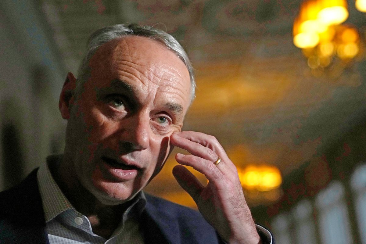 Major League Baseball Commissioner Rob Manfred speaks with the news media after a meeting of MLB owners, Thursday, Feb. 9, 2023, in Palm Beach, Fla.