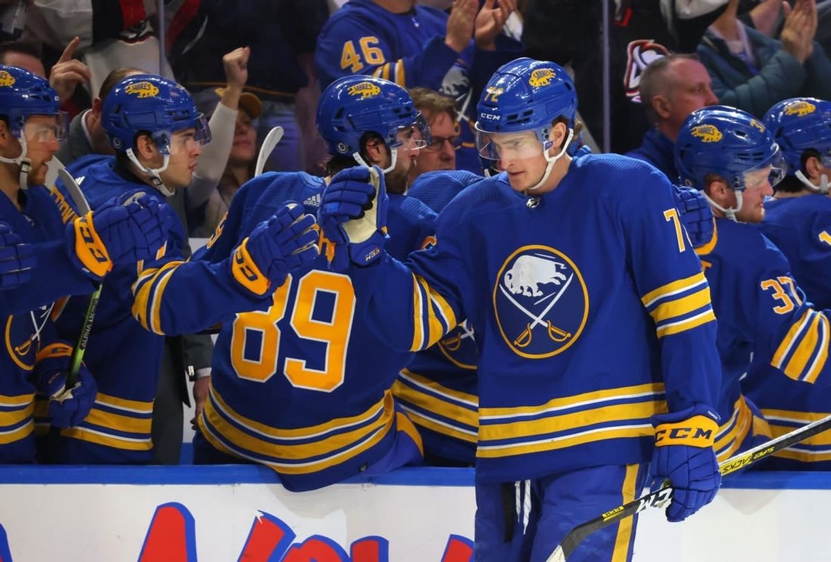 Apr 8, 2023; Buffalo, New York, USA;  Buffalo Sabres center Tage Thompson (72) celebrates his goal with teammates during the third period against the Carolina Hurricanes at KeyBank Center.