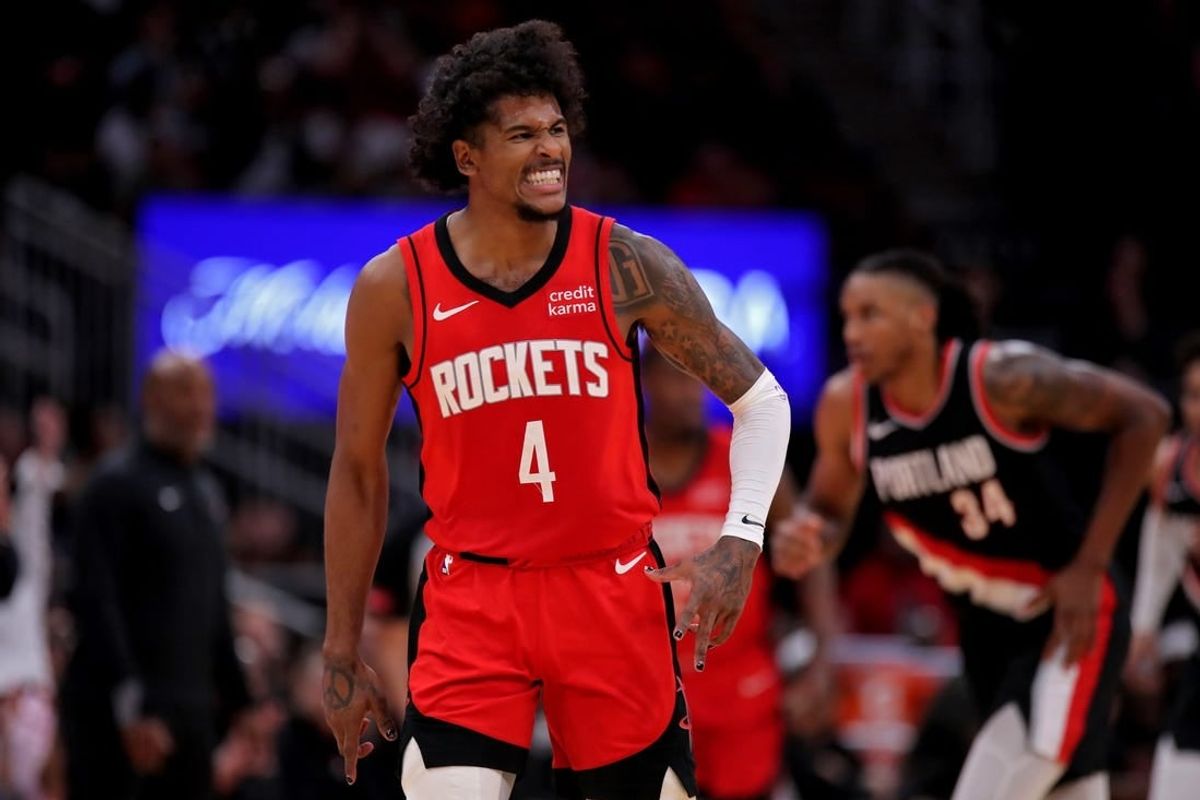 Mar 25, 2024; Houston, Texas, USA; Houston Rockets guard Jalen Green (4) reacts after a basket against the Portland Trail Blazers during the fourth quarter at Toyota Center.