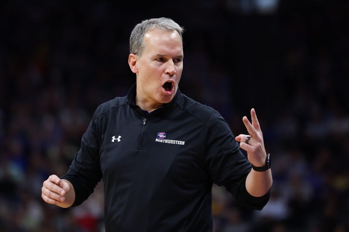 Mar 18, 2023; Sacramento, CA, USA; Northwestern Wildcats head coach Chris Collins gives directions during the first half against the UCLA Bruins at Golden 1 Center.