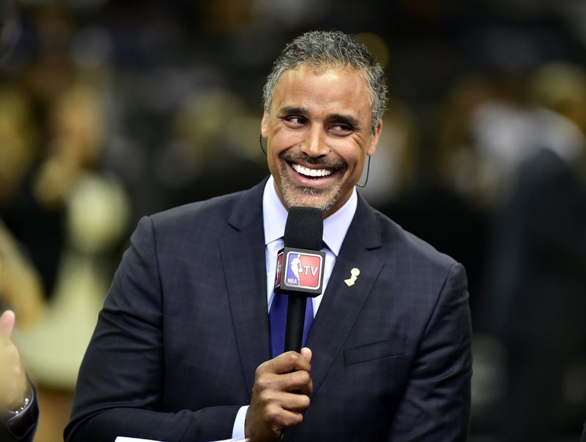 Jun 15, 2014; San Antonio, TX, USA; NBA TV analyst Rick Fox before game five of the 2014 NBA Finals between the San Antonio Spurs and the Miami Heat at AT&T Center. Mandatory Credit: Bob Donnan-Imagn Images