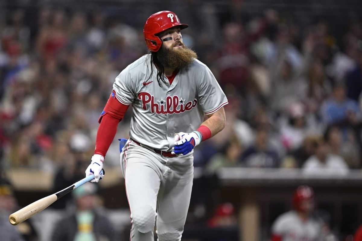 Apr 26, 2024; San Diego, California, USA; Philadelphia Phillies left fielder Brandon Marsh (16) watches his two-run home run during the third inning against the San Diego Padres at Petco Park.