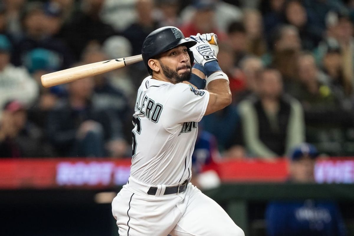 Sep 28, 2023; Seattle, Washington, USA; Seattle Mariners second baseman Jose Caballero (76) against the Texas Rangers at T-Mobile Park.