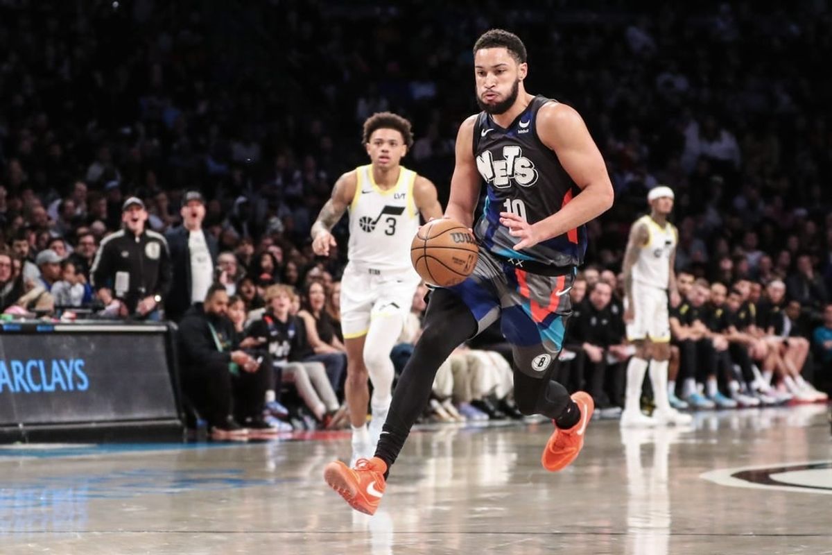 Jan 29, 2024; Brooklyn, New York, USA;  Brooklyn Nets guard Ben Simmons (10) brings the ball up court in the third quarter against the Utah Jazz at Barclays Center.