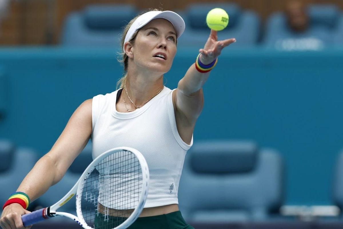 Mar 27, 2024; Miami Gardens, FL, USA; Danielle Collins (USA) serves against Caroline Garcia (FRA) (not pictured) on day ten of the Miami Open at Hard Rock Stadium.