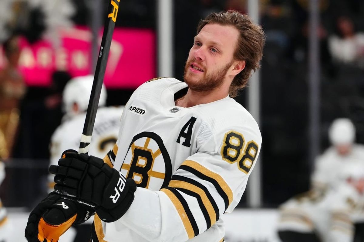 Jan 11, 2024; Las Vegas, Nevada, USA; Boston Bruins right wing David Pastrnak (88) warms up before a game against the Vegas Golden Knights at T-Mobile Arena.