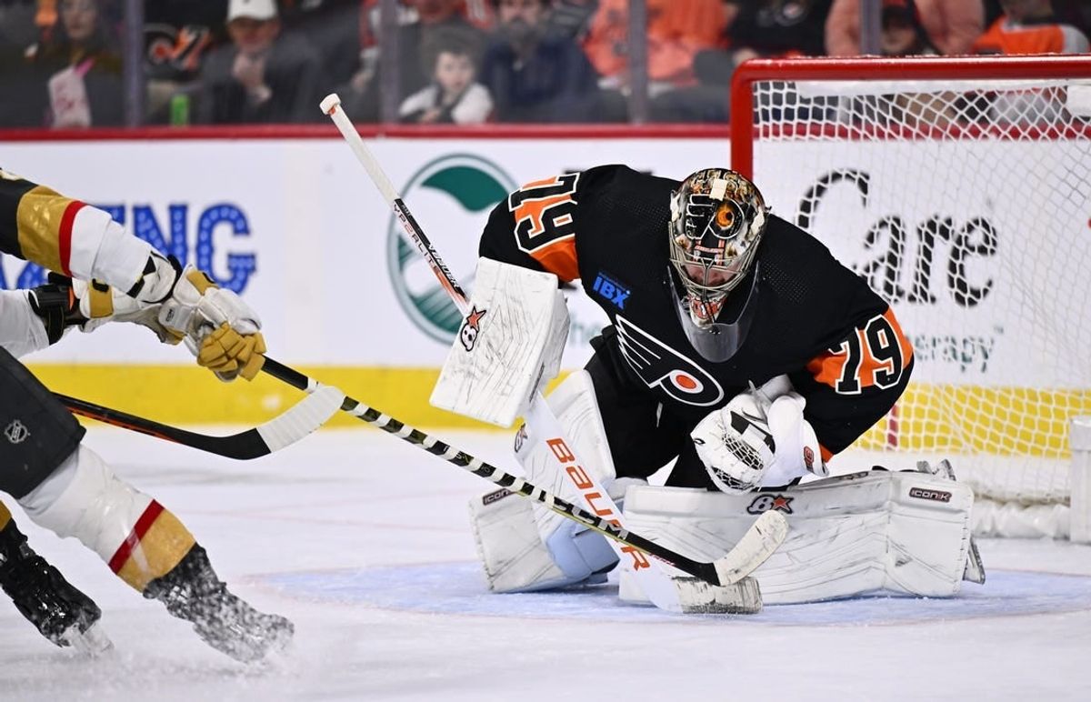 Nov 18, 2023; Philadelphia, Pennsylvania, USA; Philadelphia Flyers goalie Carter Hart (79) makes a save against the Vegas Golden Knights in the third period at Wells Fargo Center.