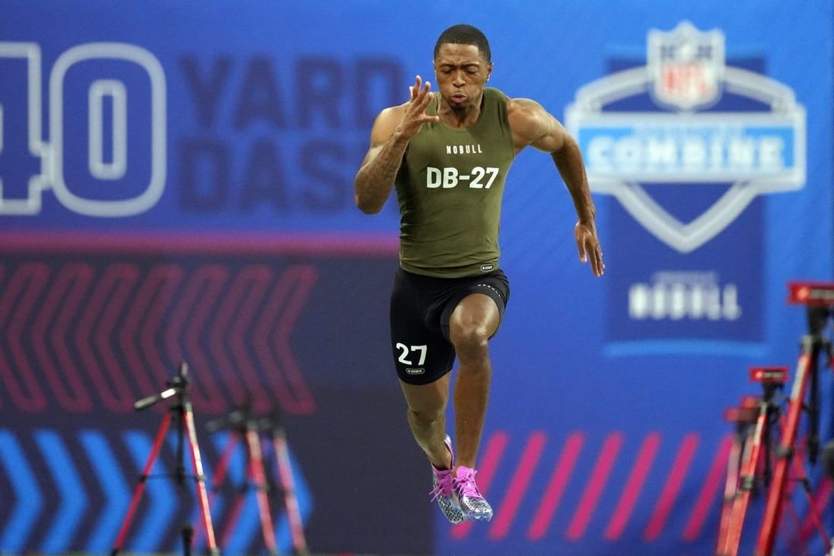 Mar 1, 2024; Indianapolis, IN, USA; Toledo defensive back Quinyon Mitchell (DB27) works out during the 2024 NFL Combine at Lucas Oil Stadium.