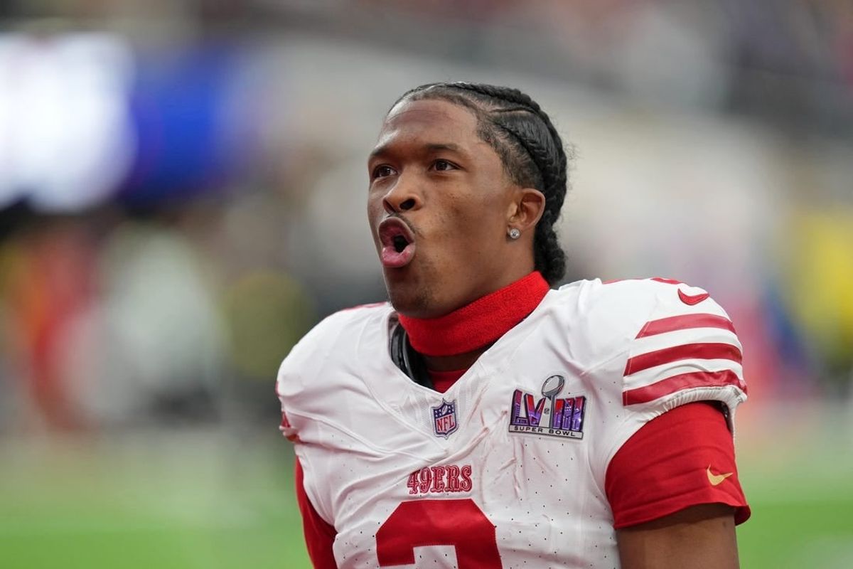 Feb 11, 2024; Paradise, Nevada, USA; San Francisco 49ers wide receiver Ray-Ray McCloud III (3) warms up before Super Bowl LVIII against the Kansas City Chiefs at Allegiant Stadium.