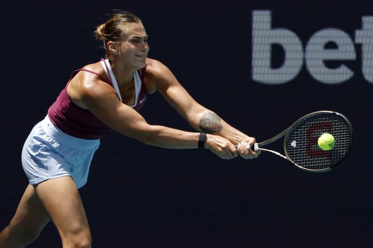 Mar 29, 2023; Miami, Florida, US; Aryna Sabalenka hits a backhand against Sorana Cirstea (ROU) (not pictured) in a women's singles quarterfinal on day ten of the Miami Open at Hard Rock Stadium.