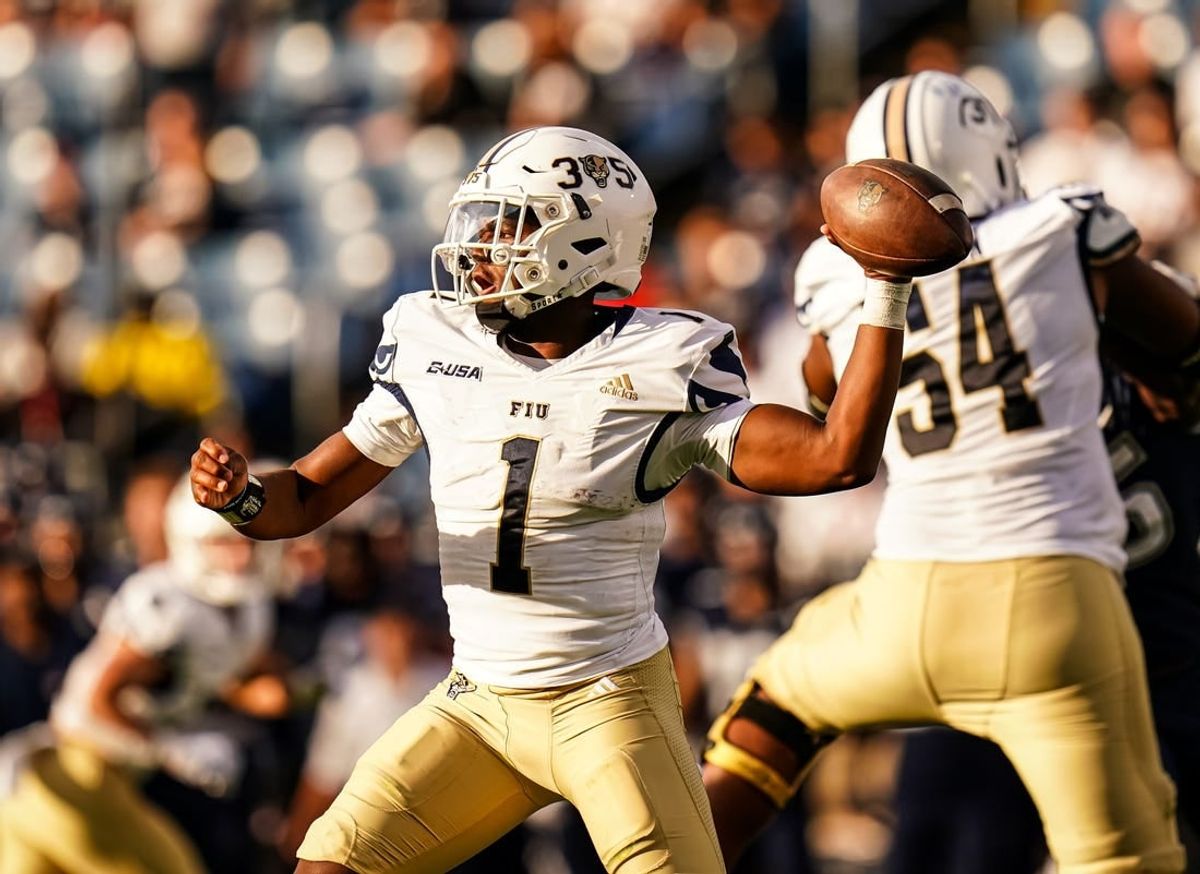 Sep 16, 2023; East Hartford, Connecticut, USA; FIU Golden Panthers quarterback Keyone Jenkins (1) throws a pass against the UConn Huskies at Rentschler Field at Pratt & Whitney Stadium.
