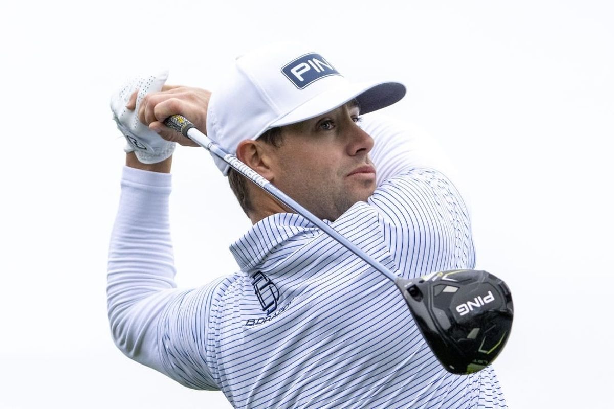 February 3, 2024; Pebble Beach, California, USA; Taylor Moore hits his tee shot on the third hole during the third round of the AT&T Pebble Beach Pro-Am golf tournament at Pebble Beach Golf Links.