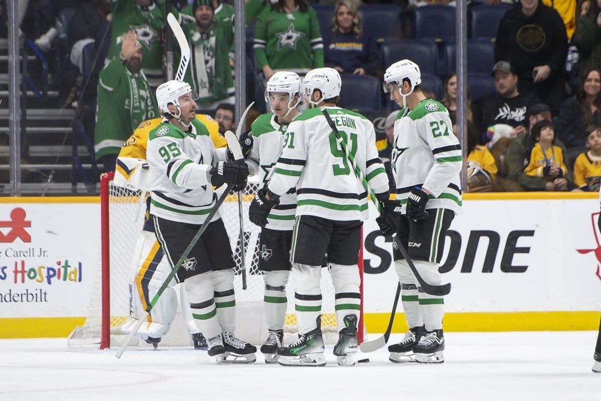 Feb 15, 2024; Nashville, Tennessee, USA; Dallas Stars center Wyatt Johnston (53) celebrates his goal against the Nashville Predators during the third period at Bridgestone Arena.