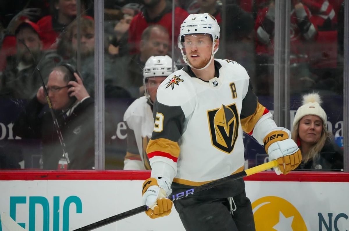 Dec 19, 2023; Raleigh, North Carolina, USA; Vegas Golden Knights center Jack Eichel (9) watches the play against the Carolina Hurricanes during the third period at PNC Arena.