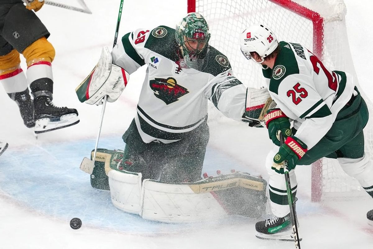 Apr 12, 2024; Las Vegas, Nevada, USA; Minnesota Wild goaltender Marc-Andre Fleury (29) makes a save against the Vegas Golden Knights during the third period at T-Mobile Arena.