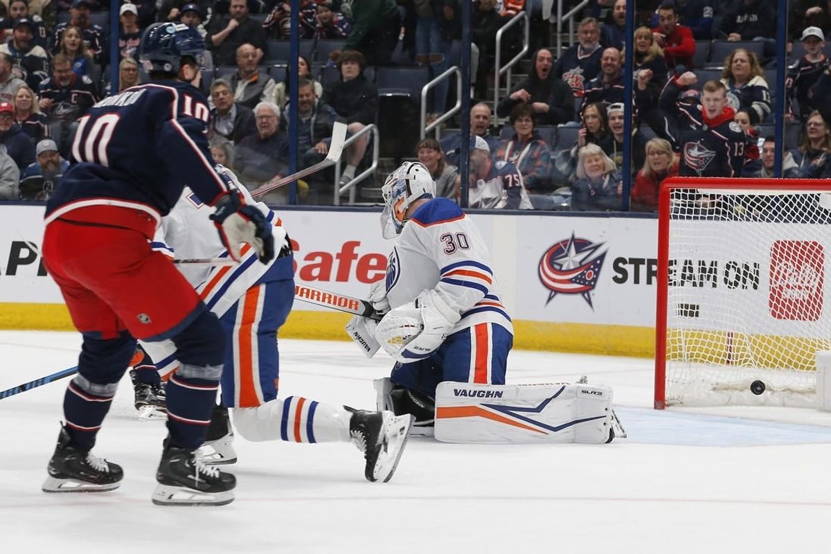 Mar 7, 2024; Columbus, Ohio, USA; the shot from Columbus Blue Jackets left wing Dmitri Voronkov (10) beats Edmonton Oilers goalie Calvin Pickard (30) for a goal during the first period at Nationwide Arena.