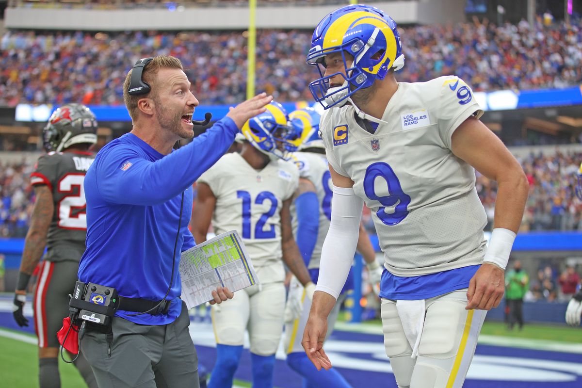 Rams head  coach  Sean  McVay  celebrates  a third-quarter   touchdown  throw  by  Matthew  Stafford  against  the  Tampa  Bay  Buccaneers  at  SoFi  Stadium.