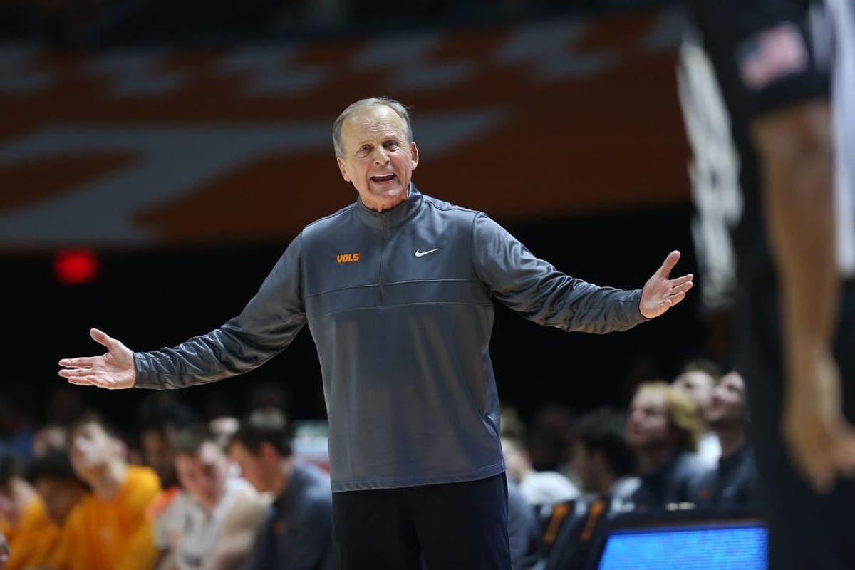 Jan 6, 2024; Knoxville, Tennessee, USA; Tennessee Volunteers head coach Rick Barnes speaks with an official during the second half against the Mississippi Rebels at Thompson-Boling Arena at Food City Center.