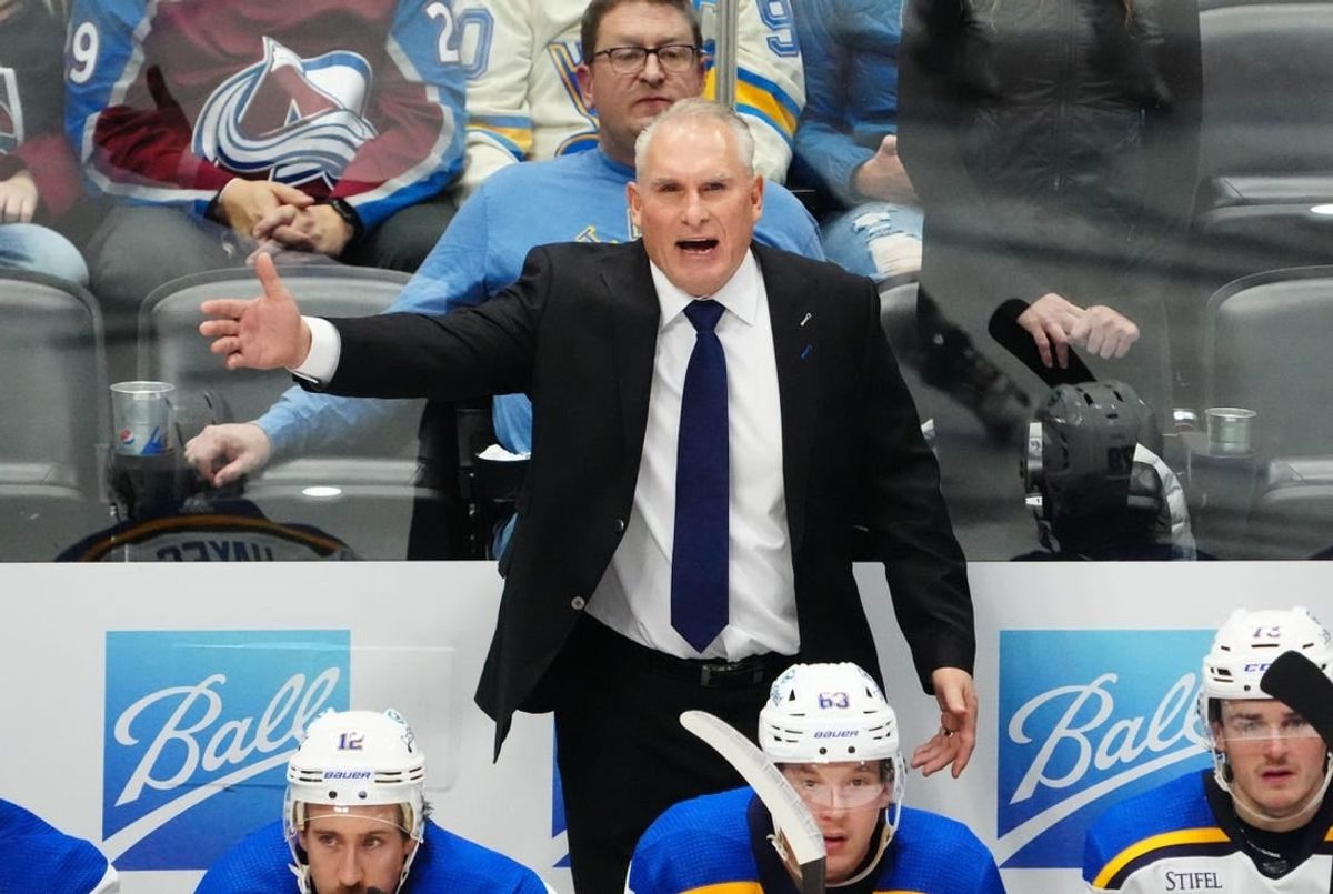 Nov 1, 2023; Denver, Colorado, USA; St. Louis Blues head coach Craig Berube calls out the third period against the St. Louis Blues at Ball Arena.