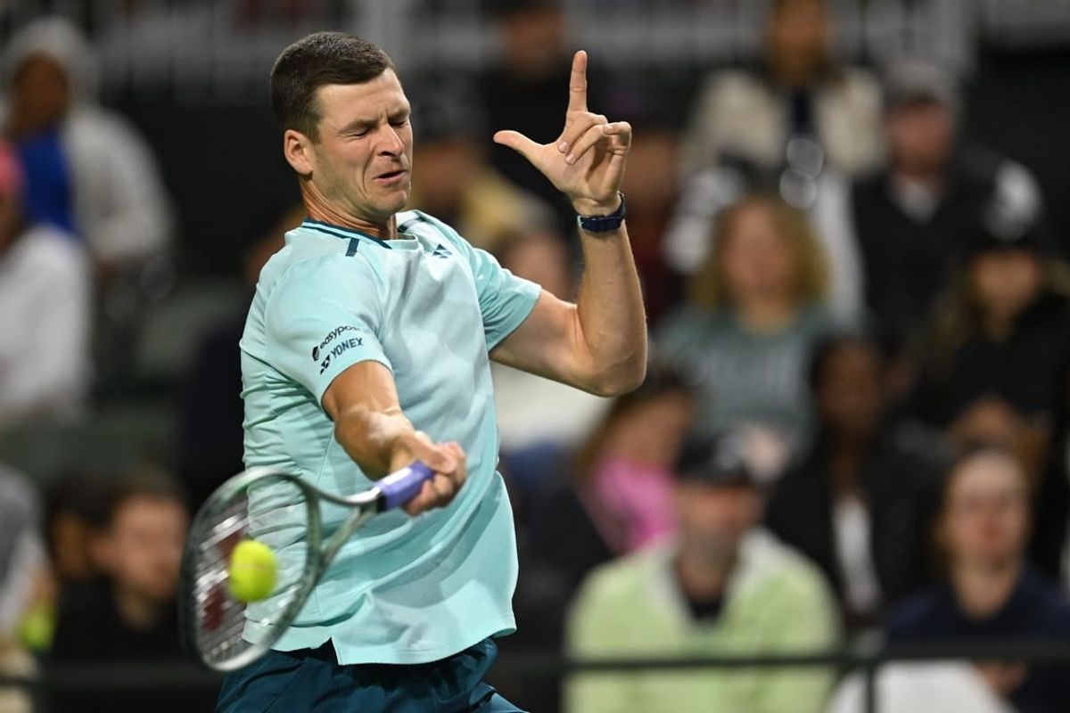 Mar 9, 2024; Indian Wells, CA, USA; Hubert Hurkacz (POL) hits a shot in his second round match against Gael Monfils (FRA) during the BNP Paribas Open at Indian Wells Tennis Garden.