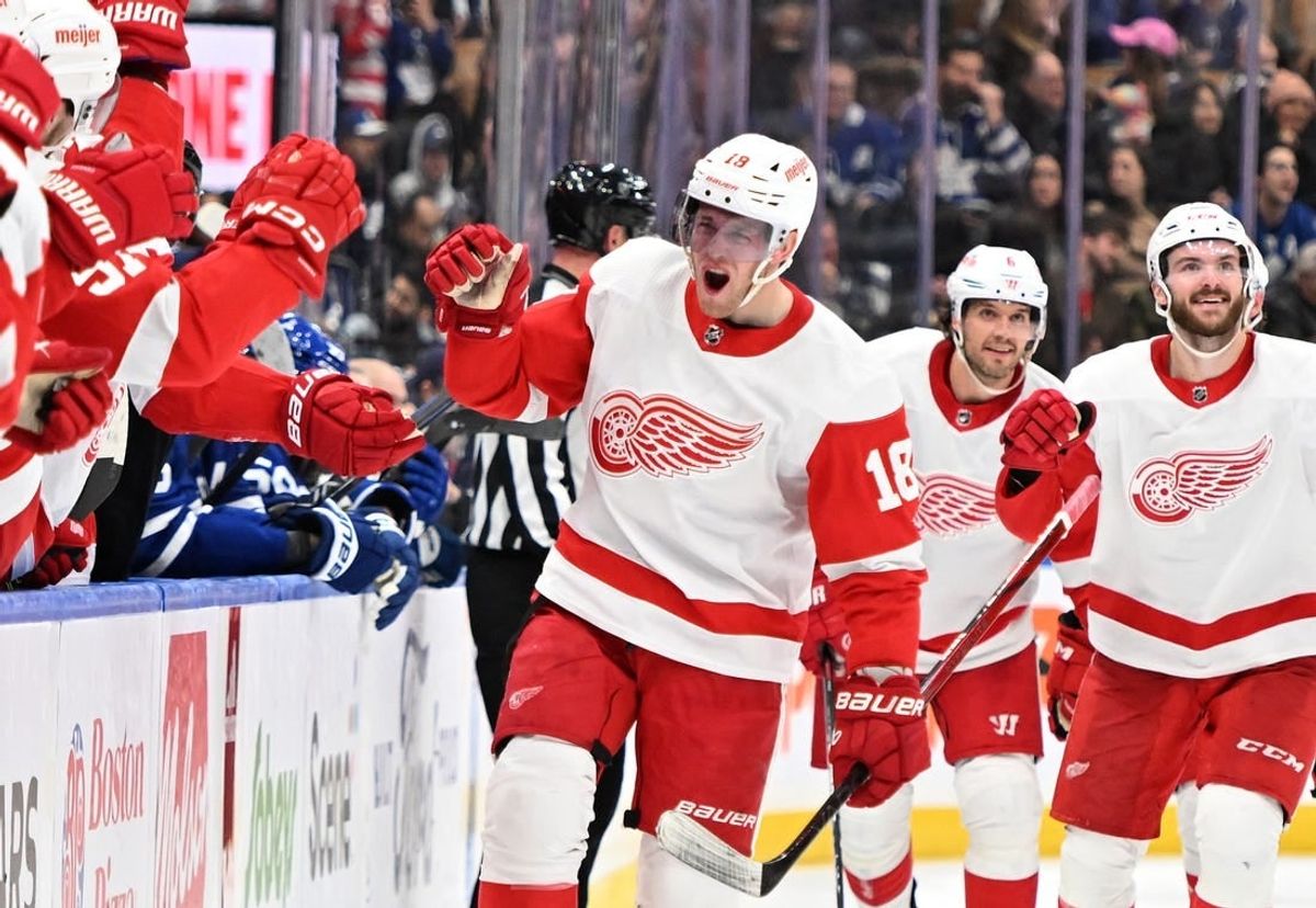 Jan 14, 2024; Toronto, Ontario, CAN;  Detroit Red Wings forward Andrew Copp (18) celebrates after scoring against the Toronto Maple Leafs in the third period at Scotiabank Arena.