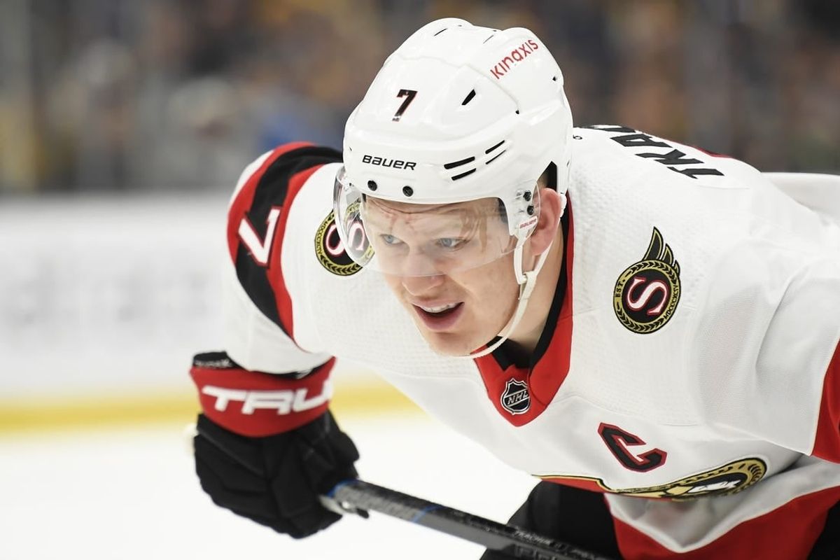Apr 16, 2024; Boston, Massachusetts, USA;  Ottawa Senators left wing Brady Tkachuk (7) gets ready for a face off during the second period against the Boston Bruins at TD Garden.