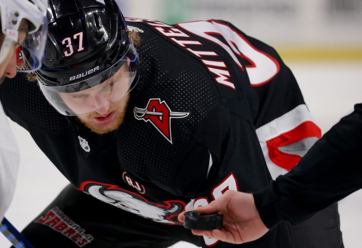 Jan 11, 2024; Buffalo, New York, USA;  Buffalo Sabres center Casey Mittelstadt (37) waits for the face-off during the first period against the Ottawa Senators at KeyBank Center.
