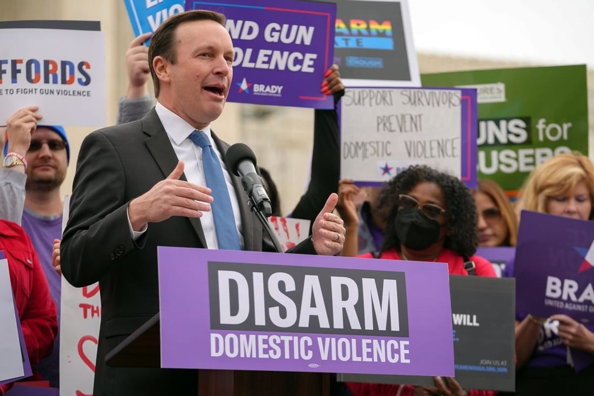 Nov 7, 2023; Washington, DC, USA; Senator Chris Murphy speaks outside the Supreme Court Tuesday during arguments in the case, U.S. v. Rahimi.