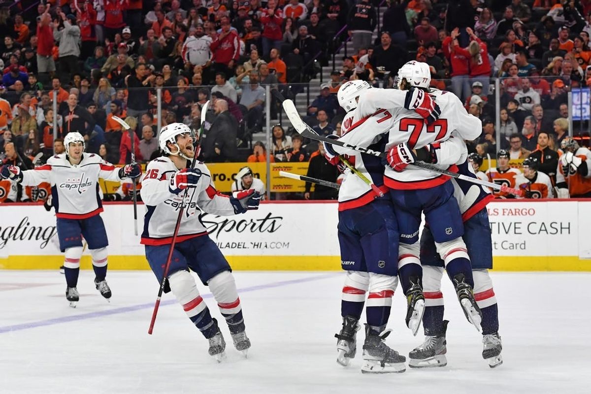 Apr 16, 2024; Philadelphia, Pennsylvania, USA; Washington Capitals right wing T.J. Oshie (77) celebrates his goal with teammates against the Philadelphia Flyers during the third period at Wells Fargo Center.