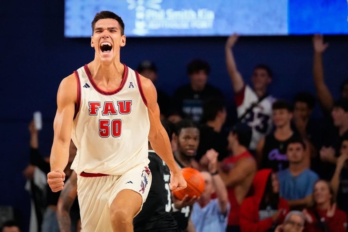 Nov 14, 2023; Boca Raton, Florida, USA; Florida Atlantic Owls center Vladislav Goldin (50) celebrates scoring against the Eastern Michigan Eagles during the second half at Eleanor R. Baldwin Arena.
