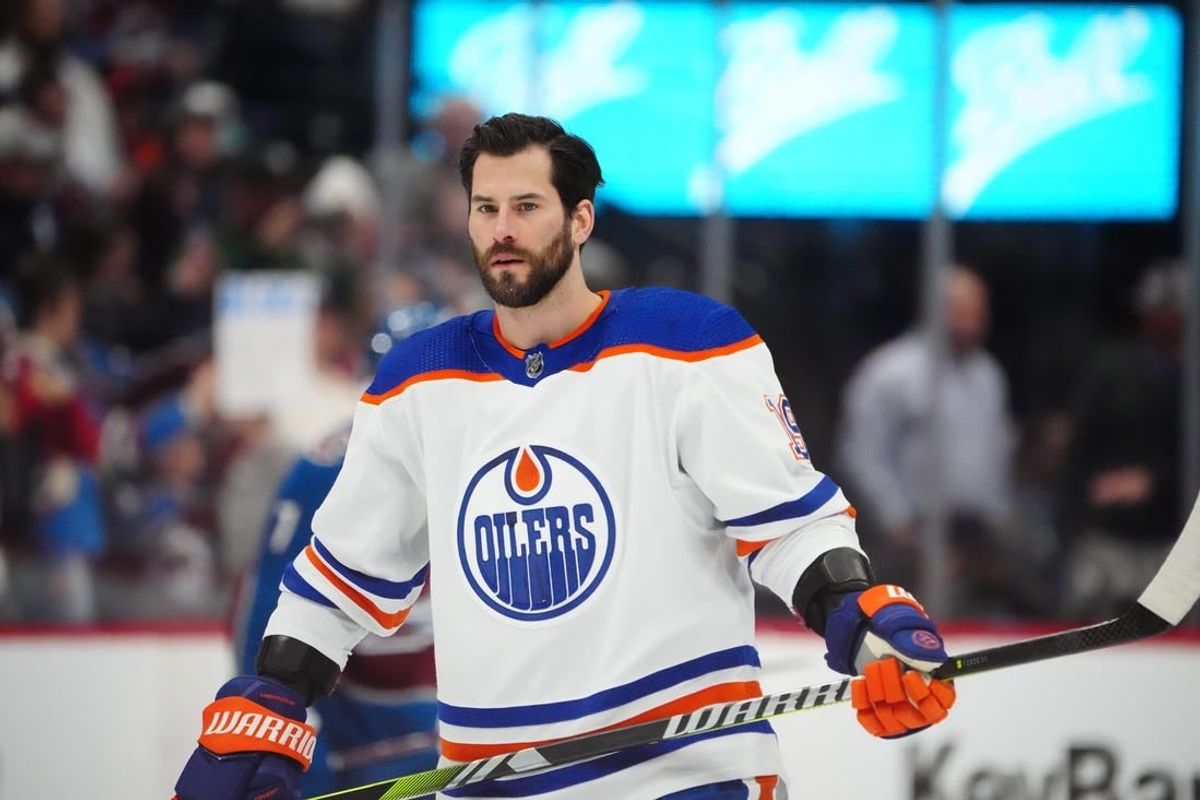 Apr 18, 2024; Denver, Colorado, USA; Edmonton Oilers center Adam Henrique (19) before the game against the Colorado Avalanche at Ball Arena.