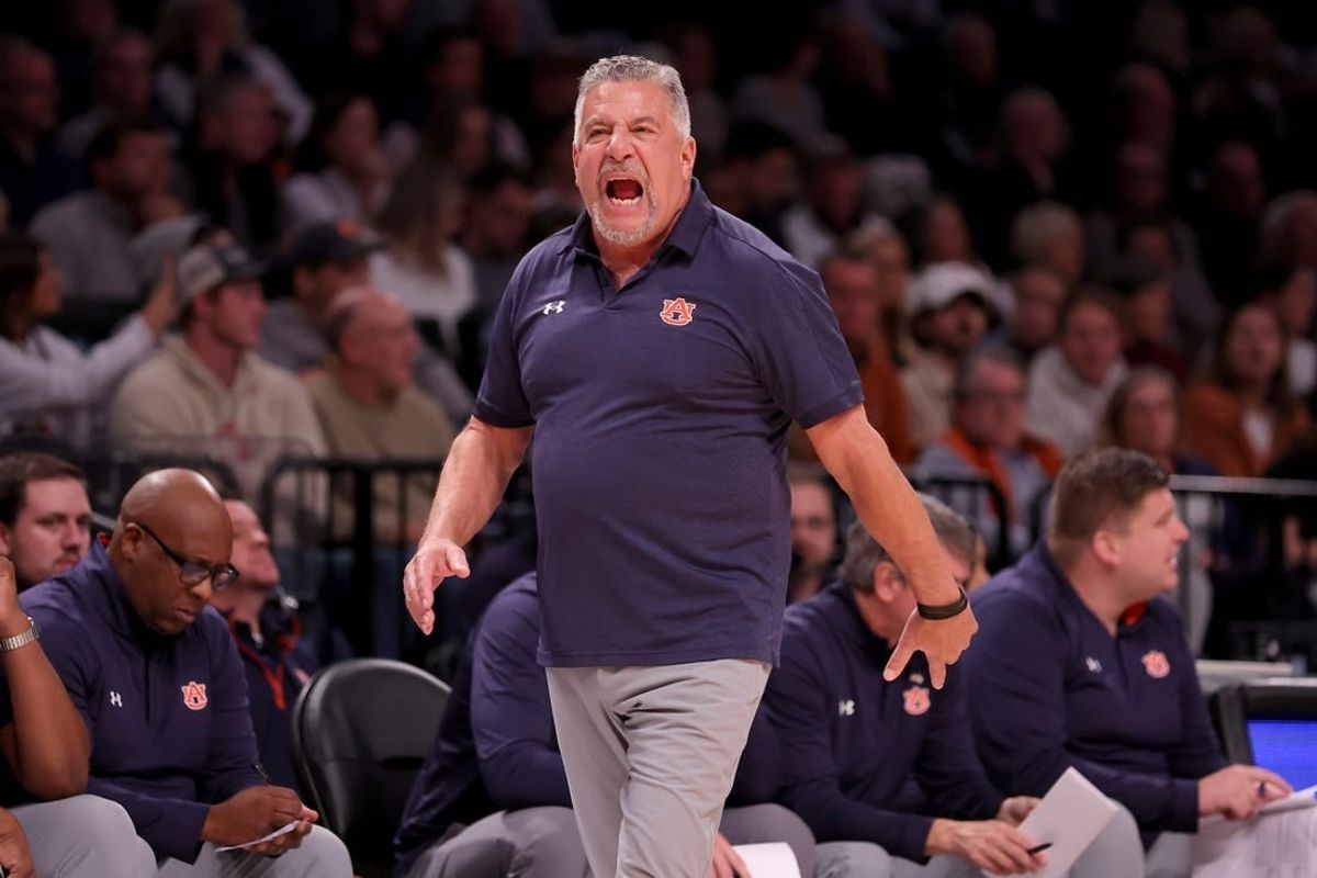 Nov 17, 2023; Brookyln, NY, USA; Auburn Tigers head coach Bruce Pearl coaches against the St. Bonaventure Bonnies during the first half at Barclays Center.