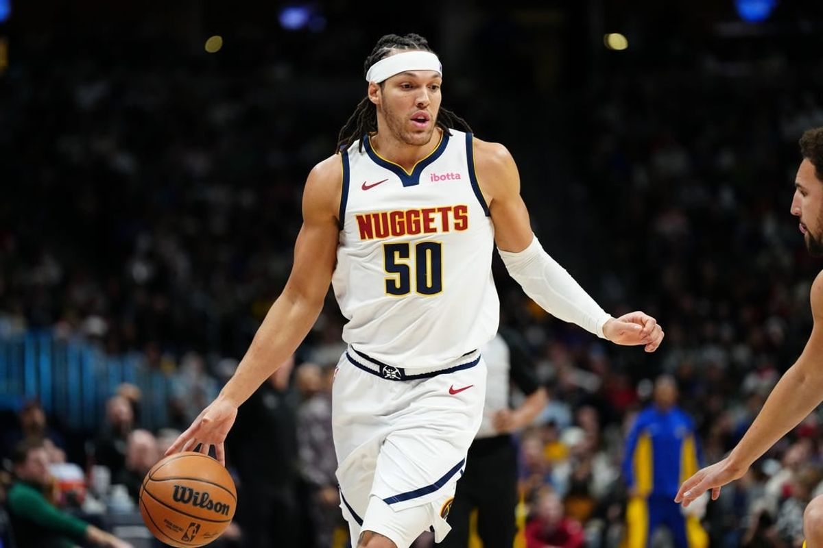 Dec 25, 2023; Denver, Colorado, USA; Denver Nuggets forward Aaron Gordon (50) during  the third quarter against the Golden State Warriors at Ball Arena.