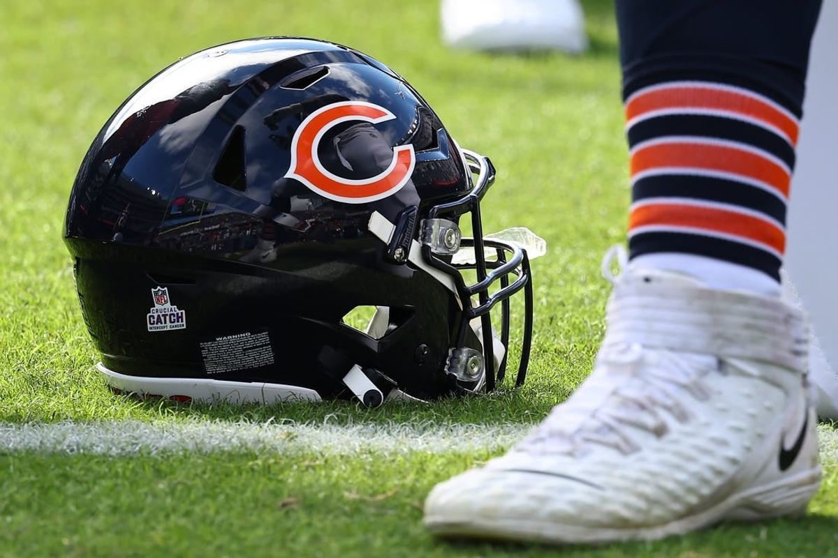 Oct 15, 2023; Chicago, Illinois, USA; A detailed view of the Chicago Bears helmet before the game against the Minnesota Vikings at Soldier Field.