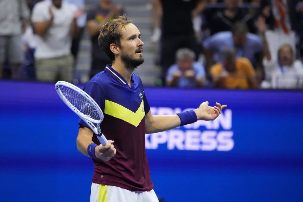 Sep 10, 2023; Flushing, NY, USA; Daniil Medvedev reacts after winning a point against Novak Djokovic of Serbia (not pictured) in the men's singles final on day fourteen of the 2023 U.S. Open tennis tournament at USTA Billie Jean King National Tennis Center.