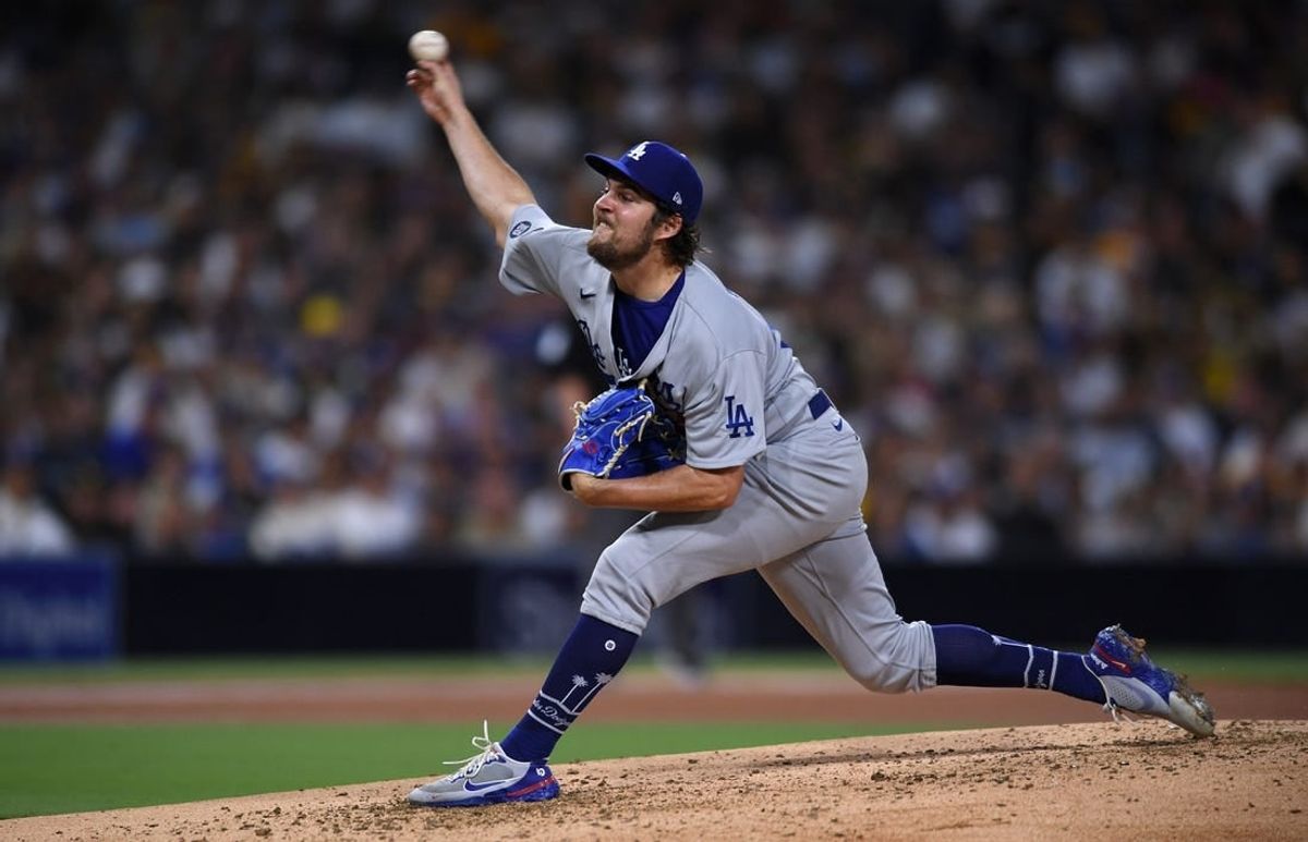 Jun 23, 2021; San Diego, California, USA; Los Angeles Dodgers starting pitcher Trevor Bauer (27) throws a pitch against the San Diego Padres during the third inning at Petco Park.