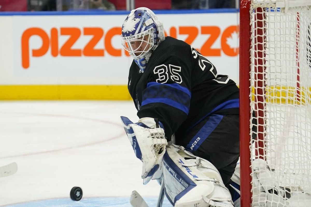 Jan 24, 2024; Toronto, Ontario, CAN; Toronto Maple Leafs goaltender Ilya Samsonov (35) goes to make a save against the Winnipeg Jets during the second period at Scotiabank Arena.